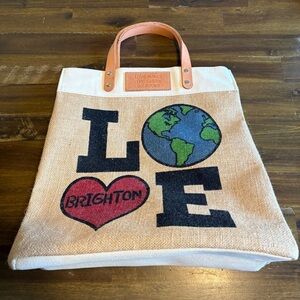 Brighton LEATHER Love Makes The Earth Go Round Jute CanvasTote Shopping Bag Eco